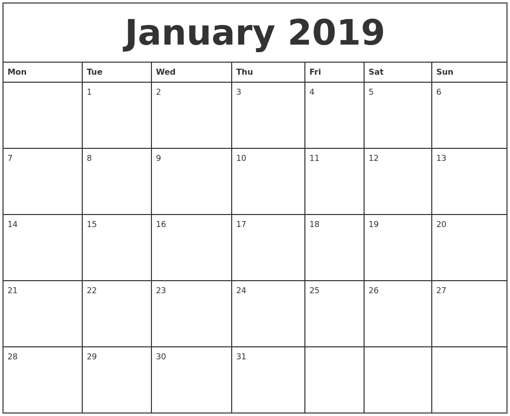 Printable Calendar January 2019 Monthly