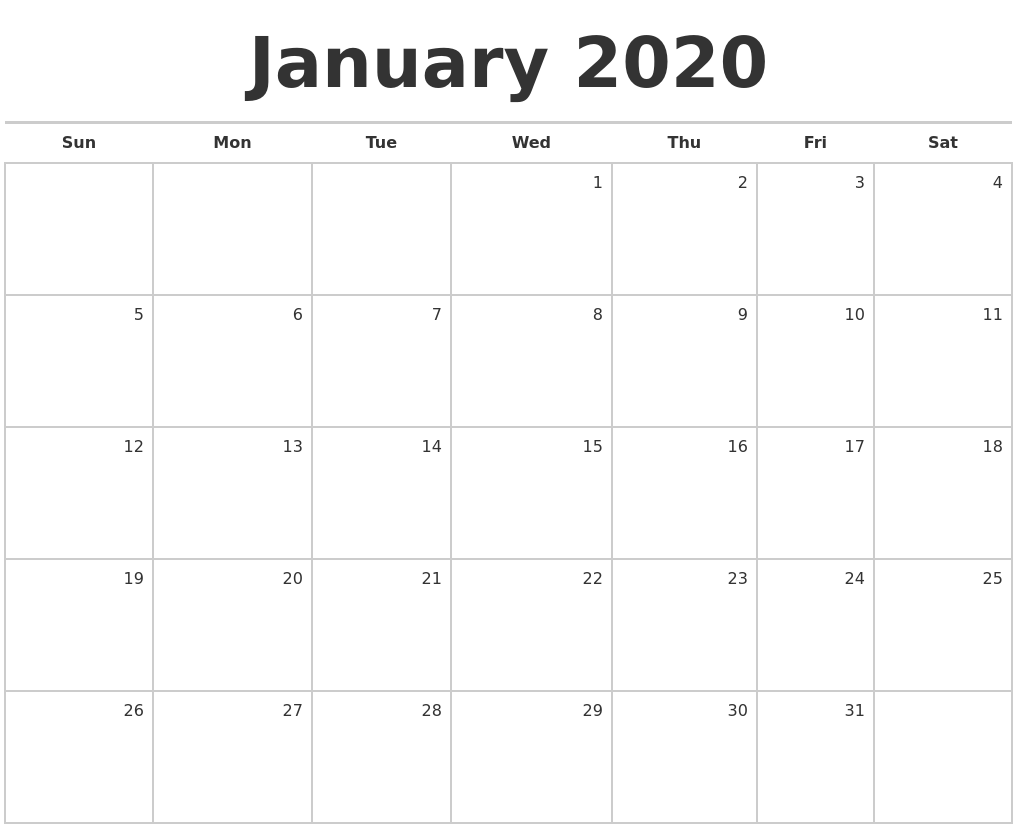 January 2020 Blank Monthly Calendar