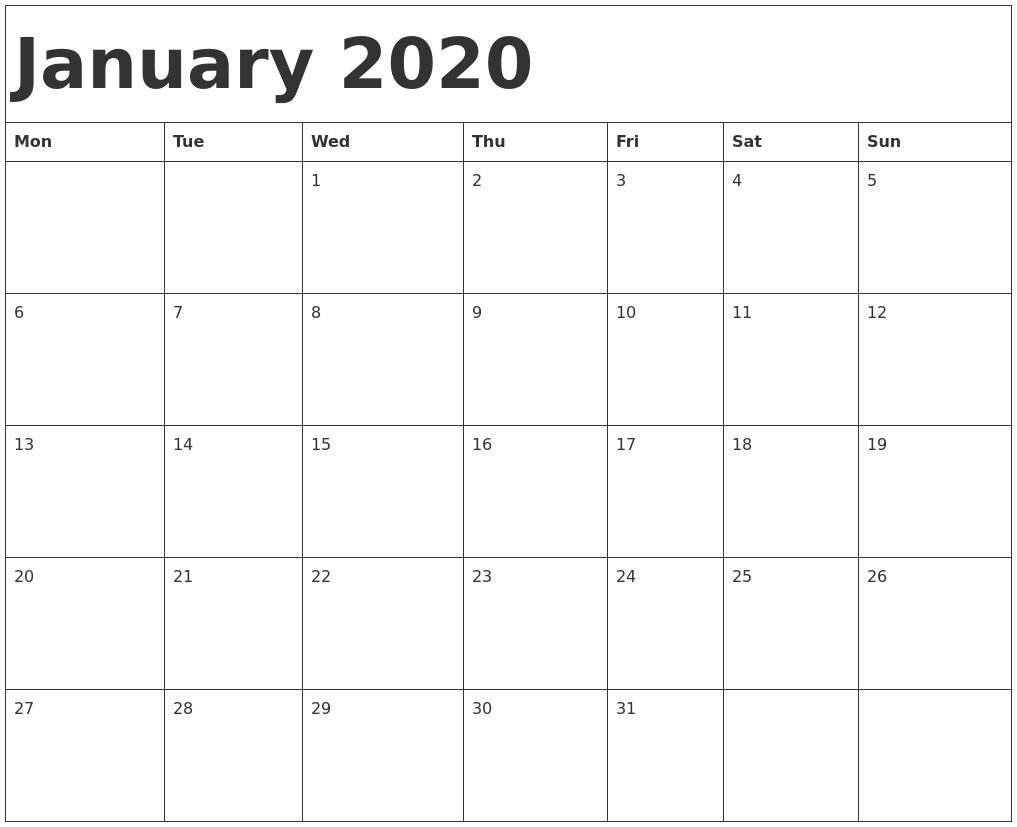 january 2020 calendar template calendar for january 2020