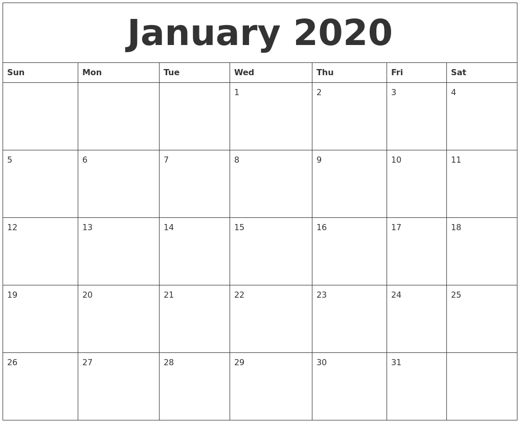 January 2020 Large Printable Calendar