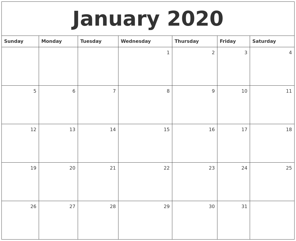 January 2020 Monthly Calendar