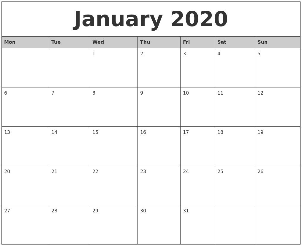 january 2020 monthly calendar printable blank calendar for january 2020