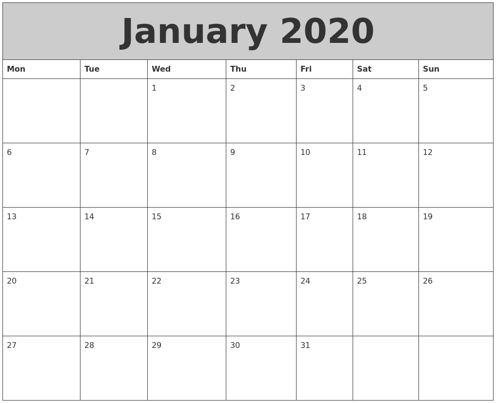 It's just a graphic of Divine Free Printable Calendars January 2020 It's just a graphic of Divine Free Printable Calendars January 2020