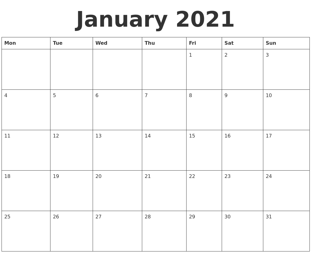 January 2021 Blank Calendar Template