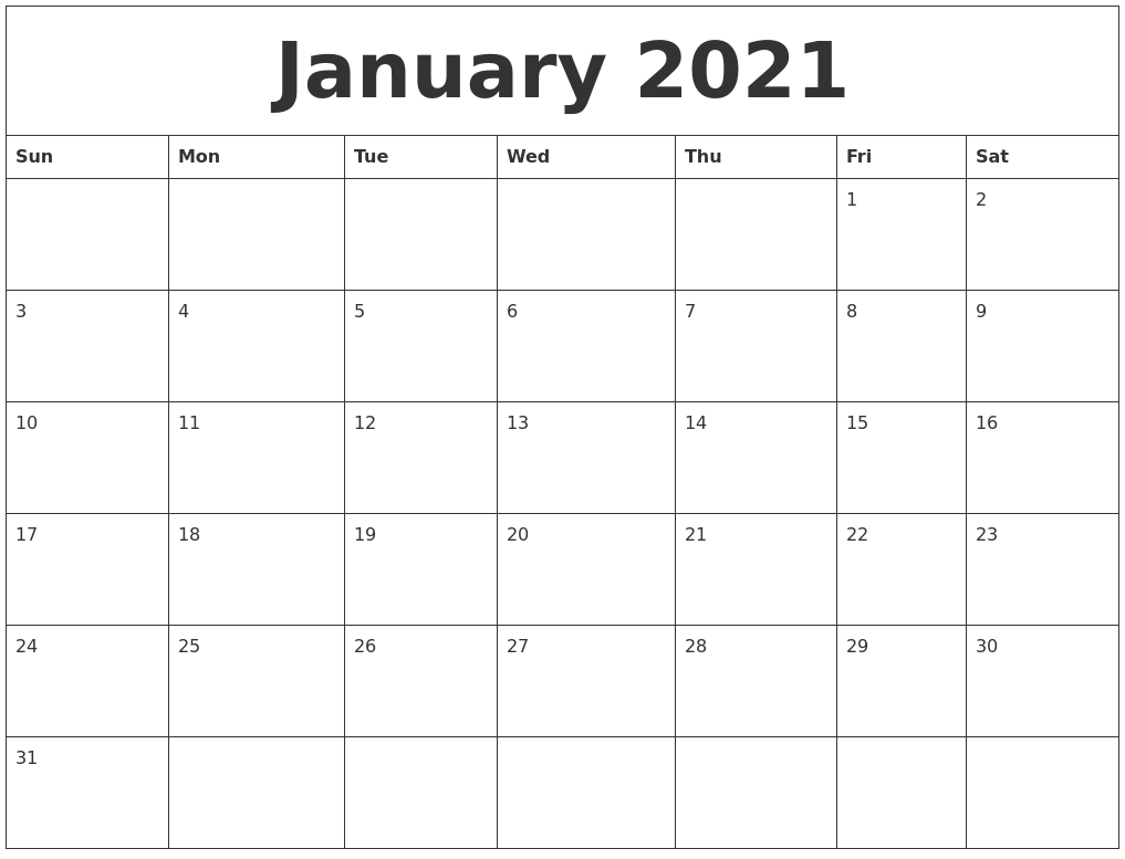 Calendar Print Out 2021 January 2021 Calendar Print Out