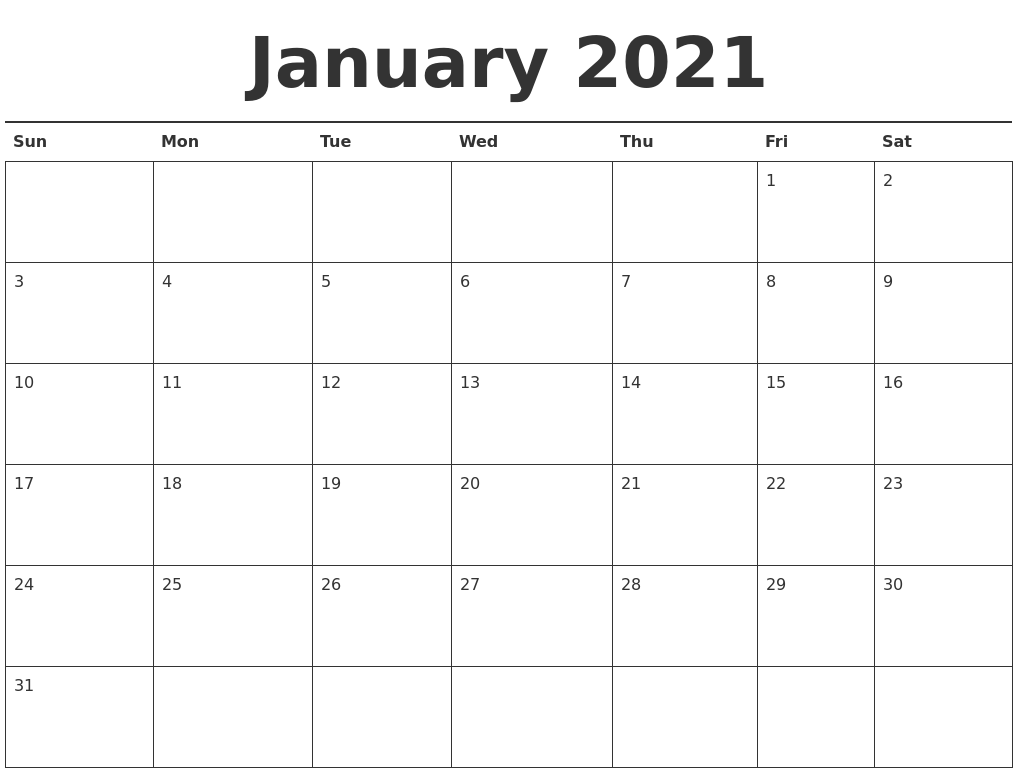 January 2021 Calendar Printable