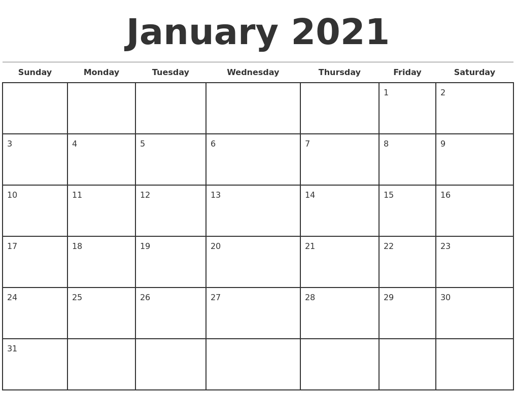 January 2021 Monthly Calendar Template