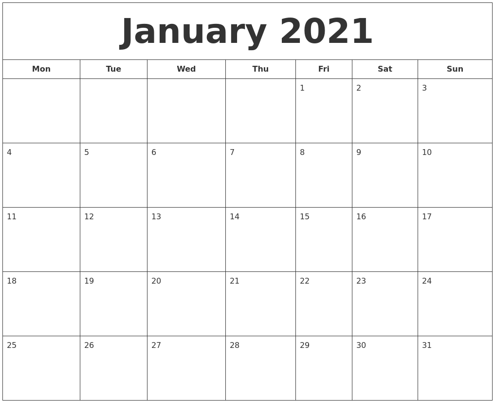 2021 Printable Calendar Monday