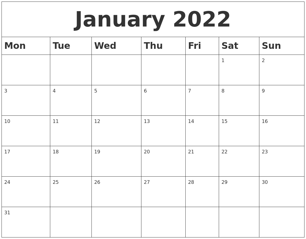 January 2022 Blank Calendar January 2022 Blank Calendar