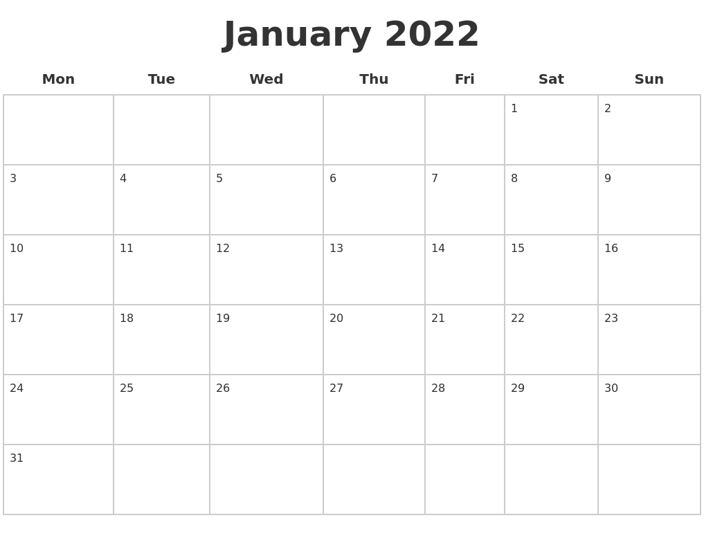 January 2022 Blank Calendar Pages