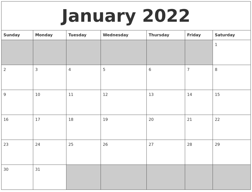 January 2022 Blank Printable Calendar