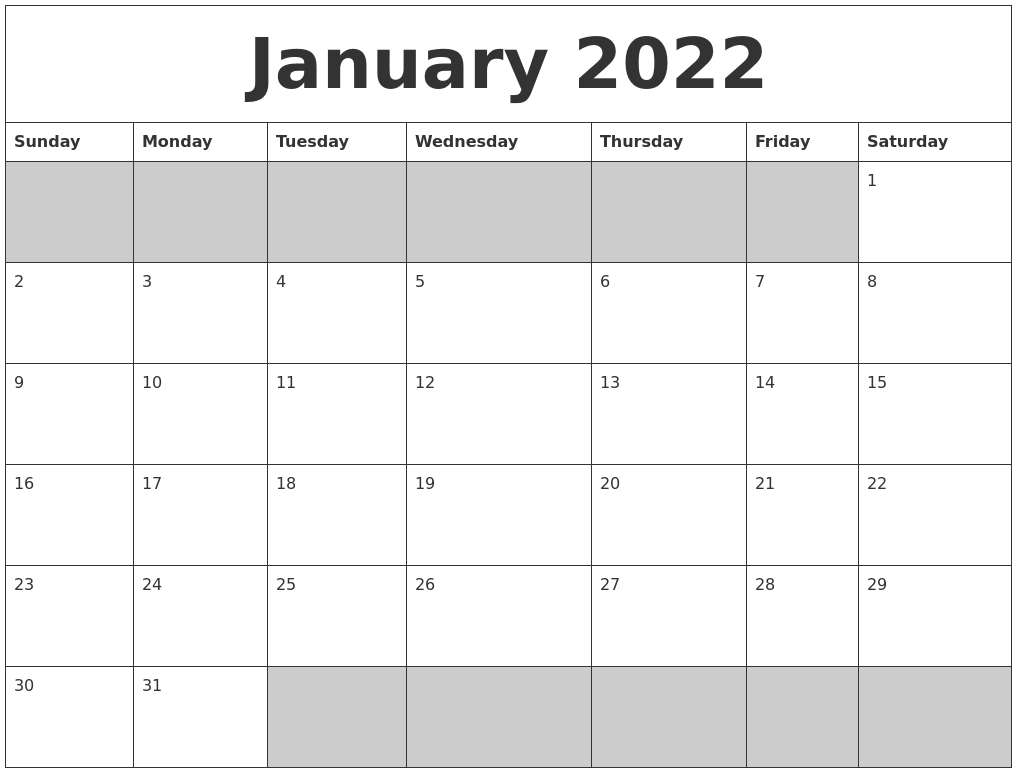 blank calendar january 2022 printable