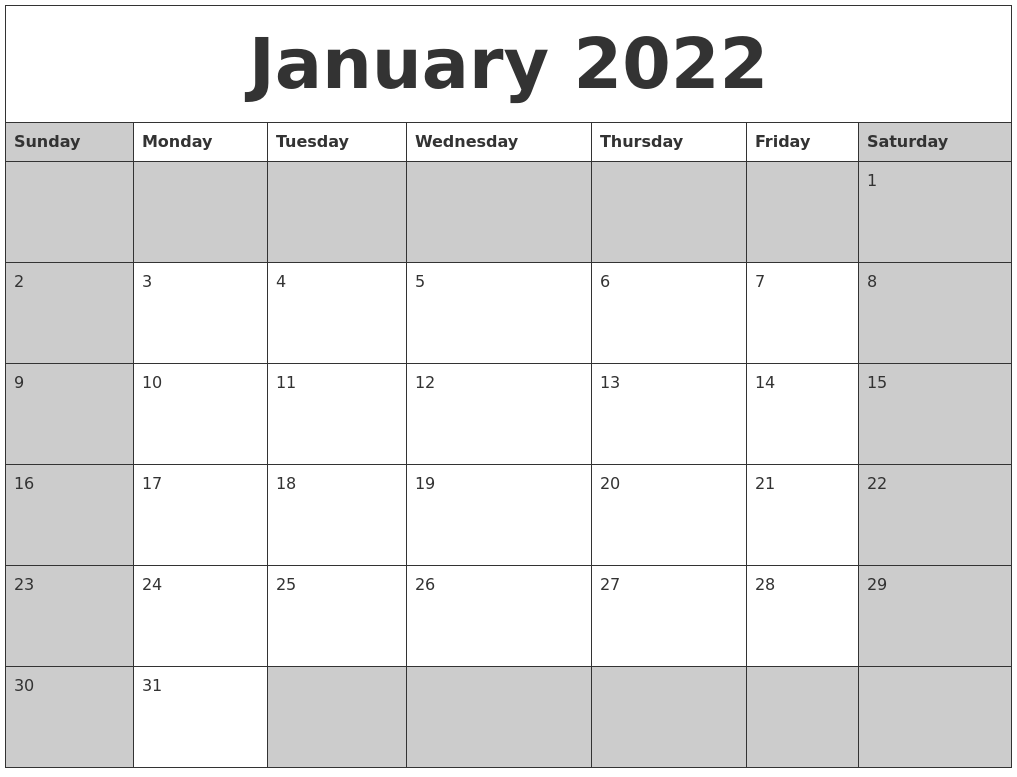 January 2022 Calanders