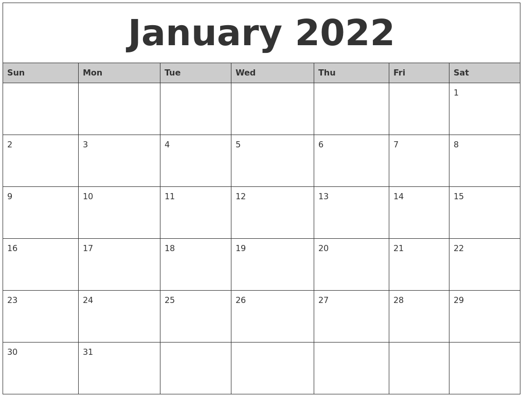 January 2022 Monthly Calendar Printable