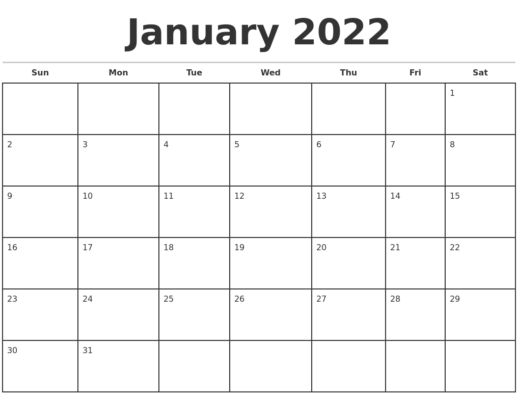 January 2022 Monthly Calendar Template