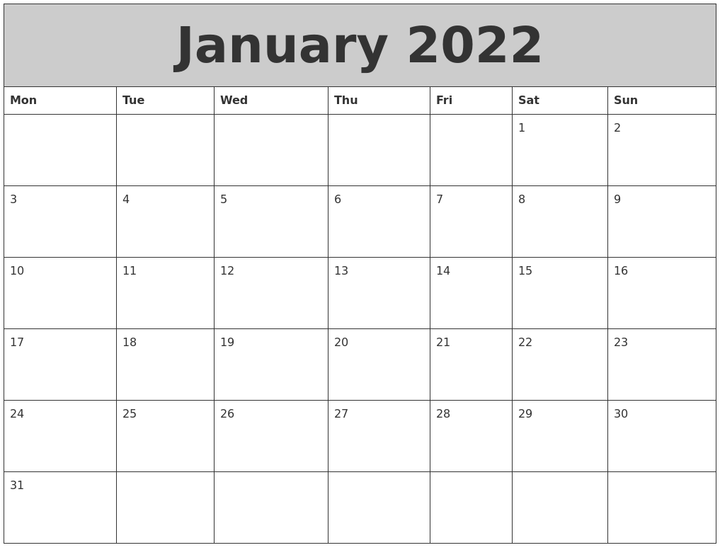 January 2022 My Calendar