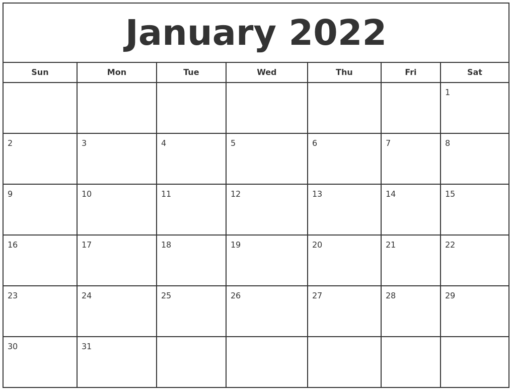 January 2022 Print Free Calendar