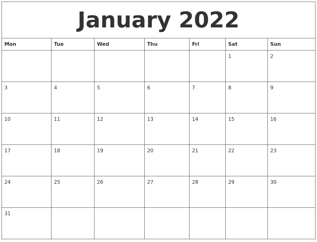 January 2022 Printable Calendar Free