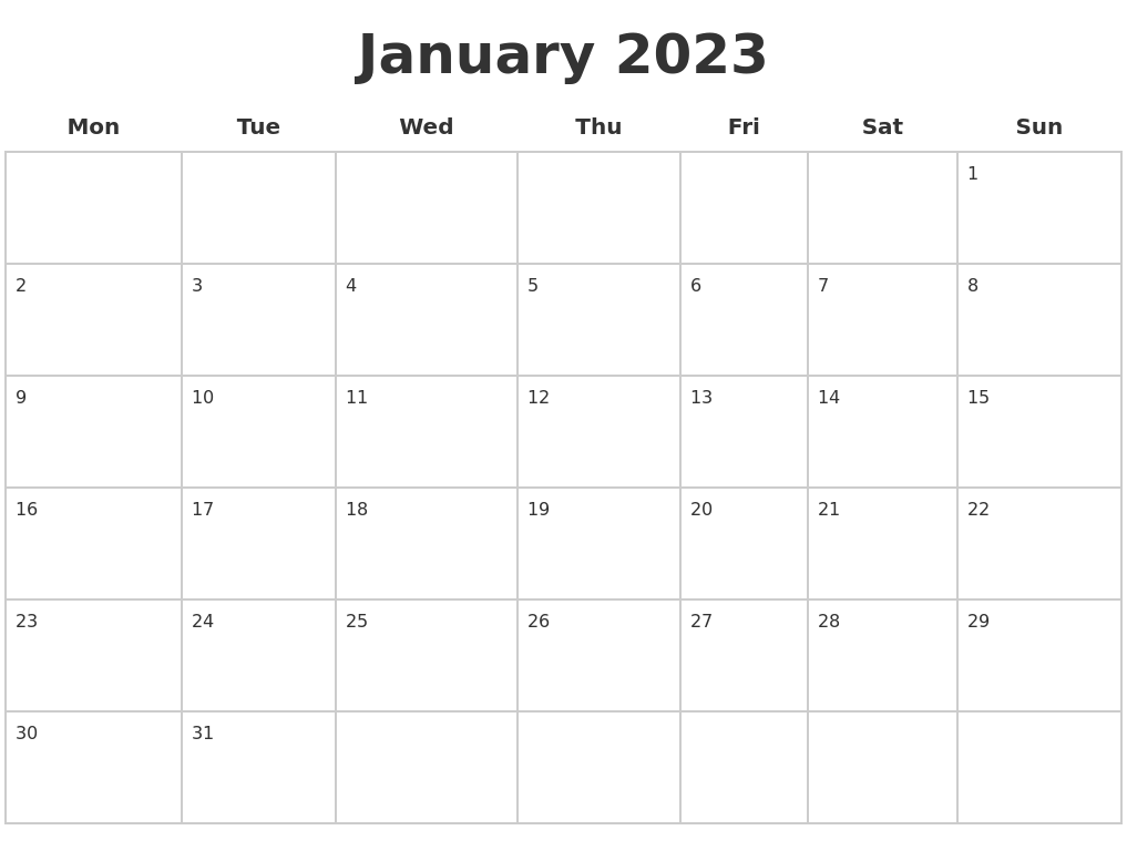 January 2023 Blank Calendar Pages