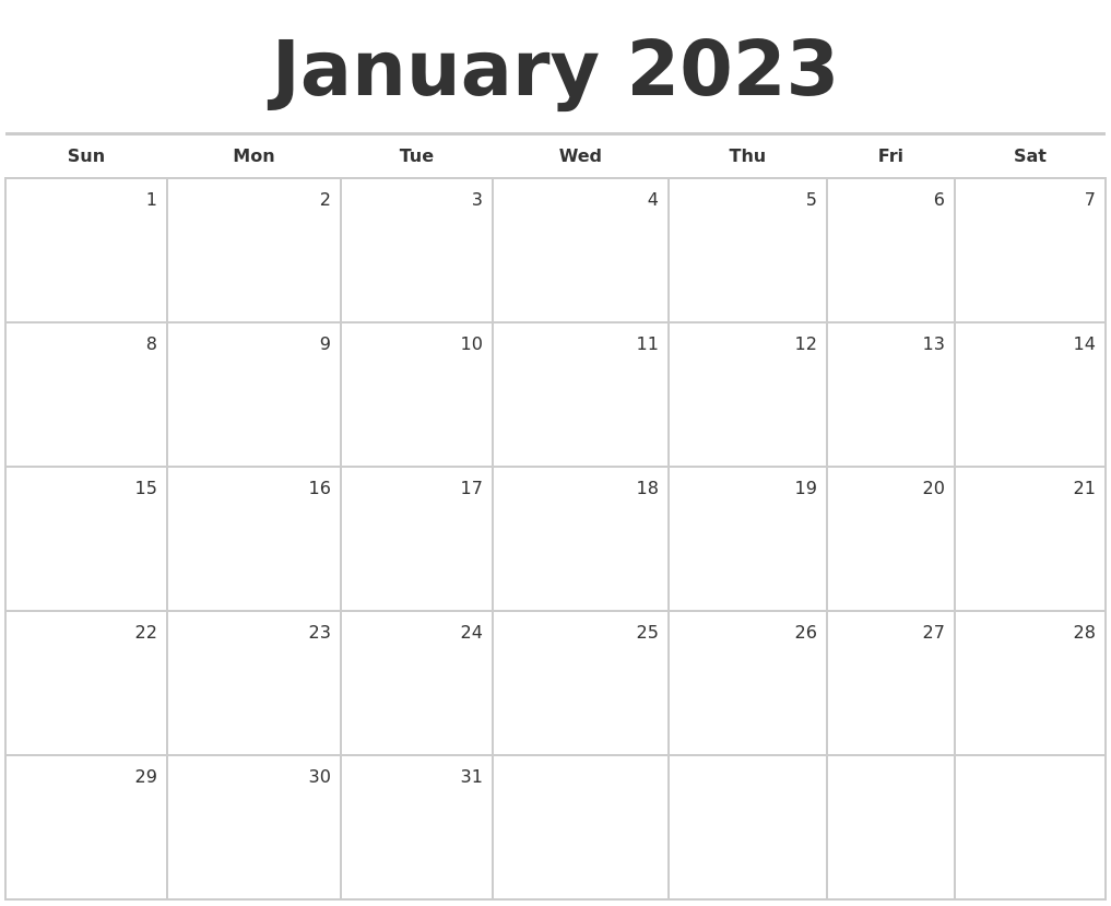 January 2023 Blank Monthly Calendar