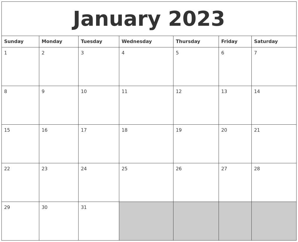 January 2023 Blank Printable Calendar