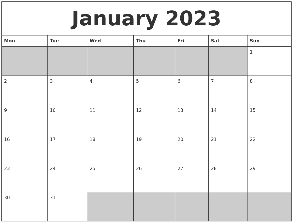 January 2023 Blank Printable Calendar