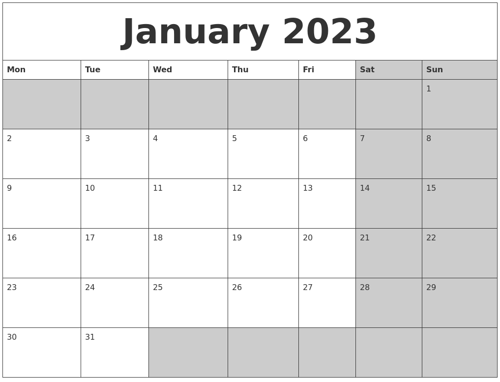 January 2023 Calanders