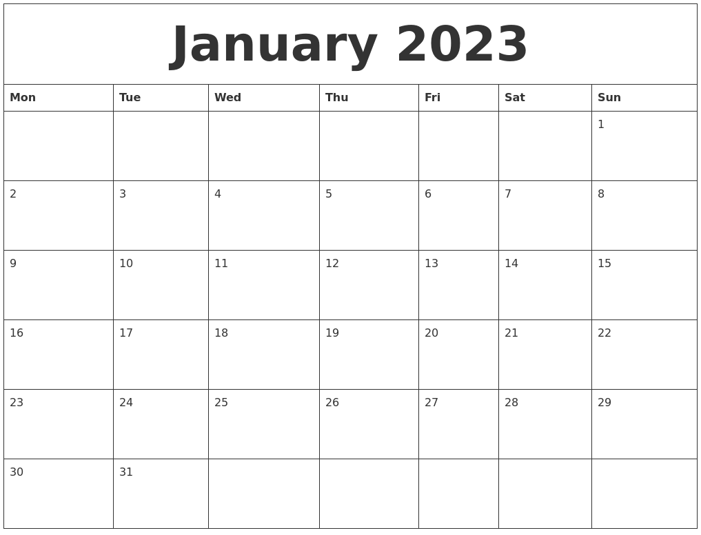 January 2023 Calendar Month