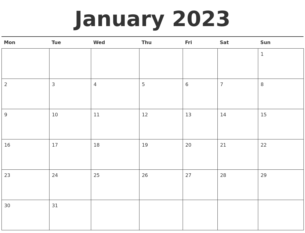 January 2023 Calendar Printable