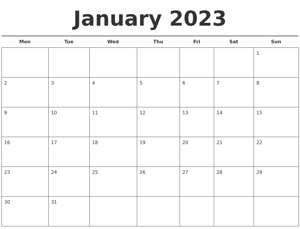 January 2023 Free Calendar Template
