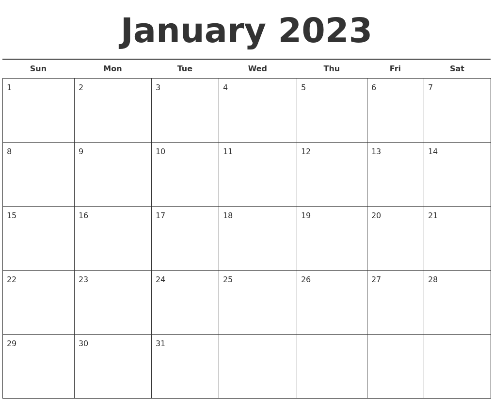 January 2023 Free Calendar Template
