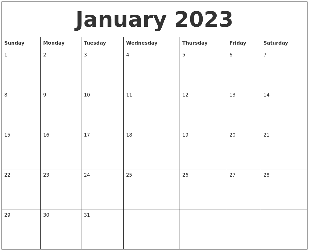 Printable Free Calendar 2023 January