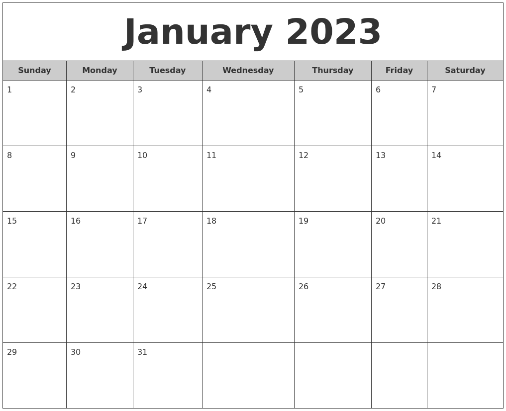 January 2023 Free Monthly Calendar