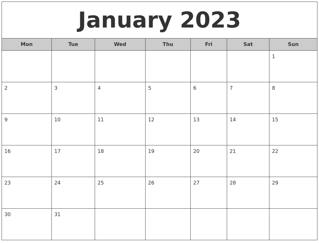 January 2023 Free Monthly Calendar