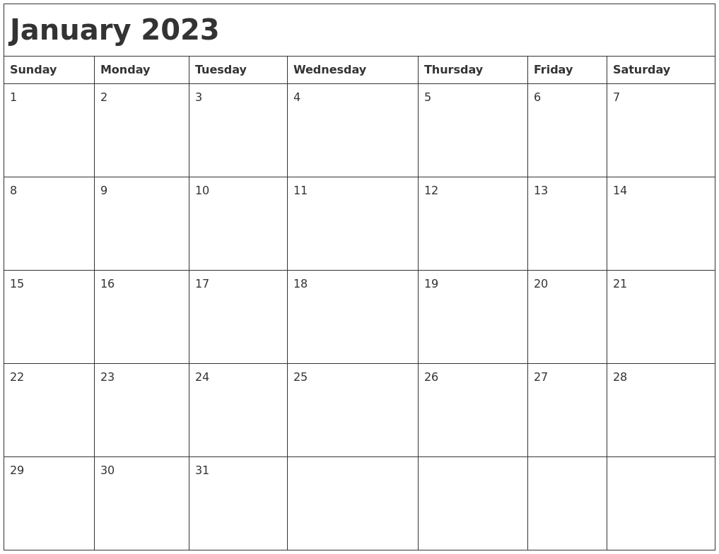 January 2023 Month Calendar