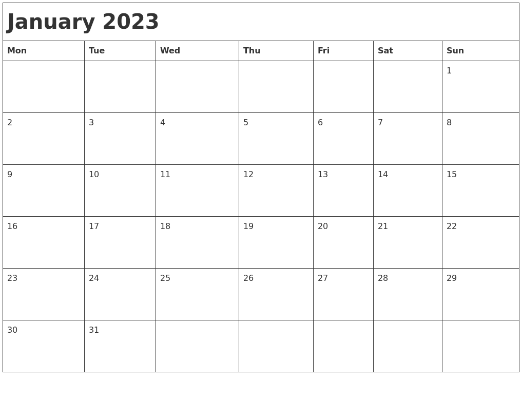 January 2023 Month Calendar