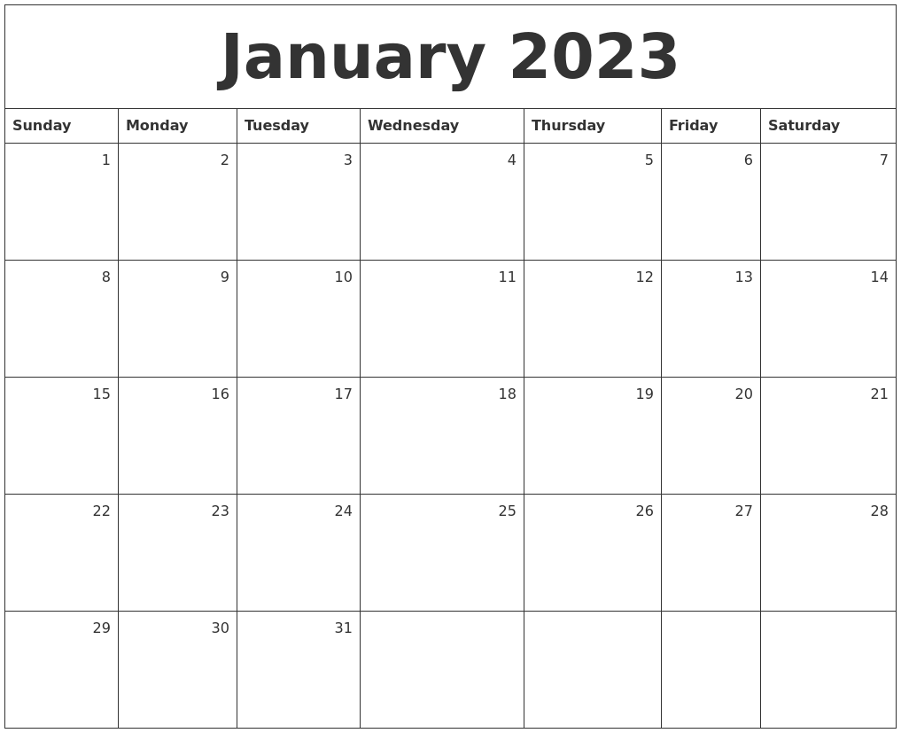 January 2023 Monthly Calendar