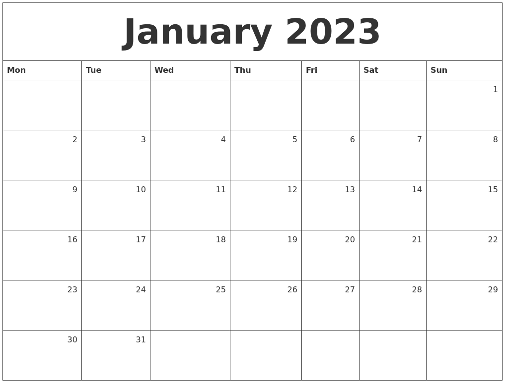 January 2023 Monthly Calendar