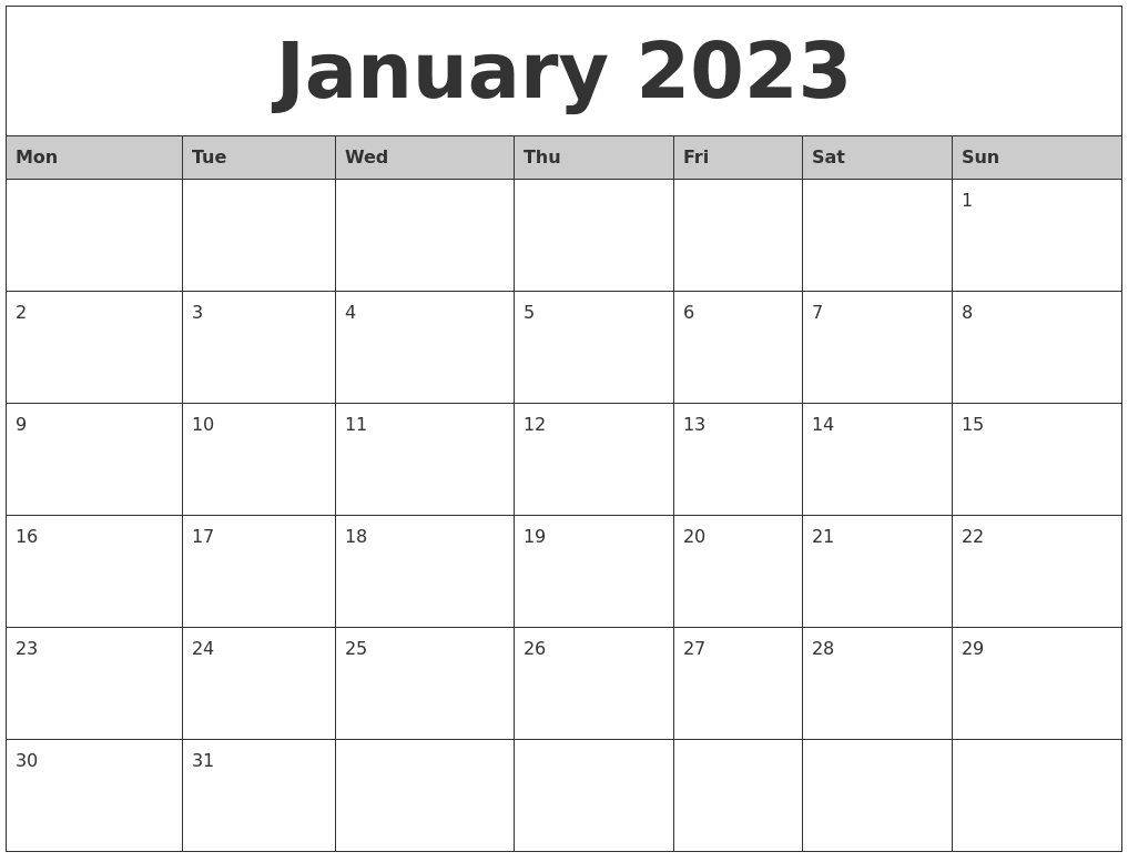January 2023 Monthly Calendar Printable