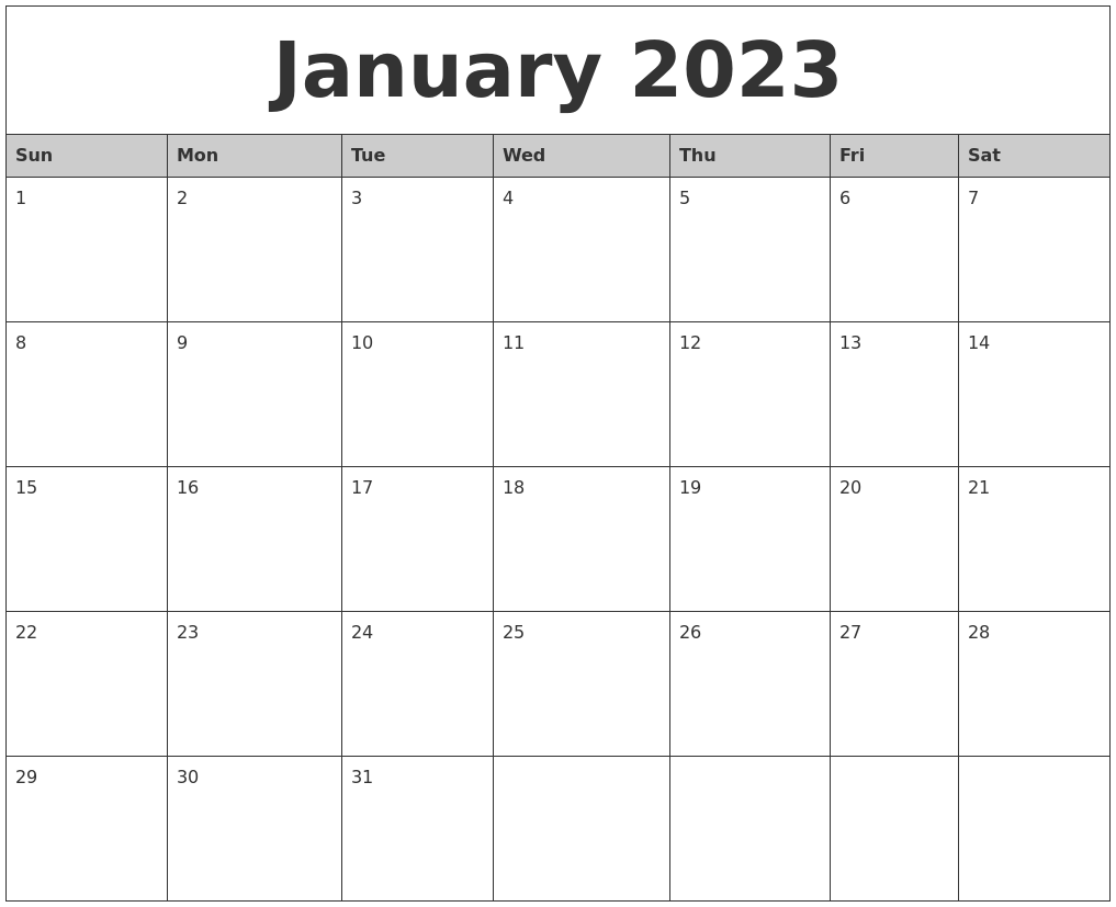 January 2023 Monthly Calendar Printable