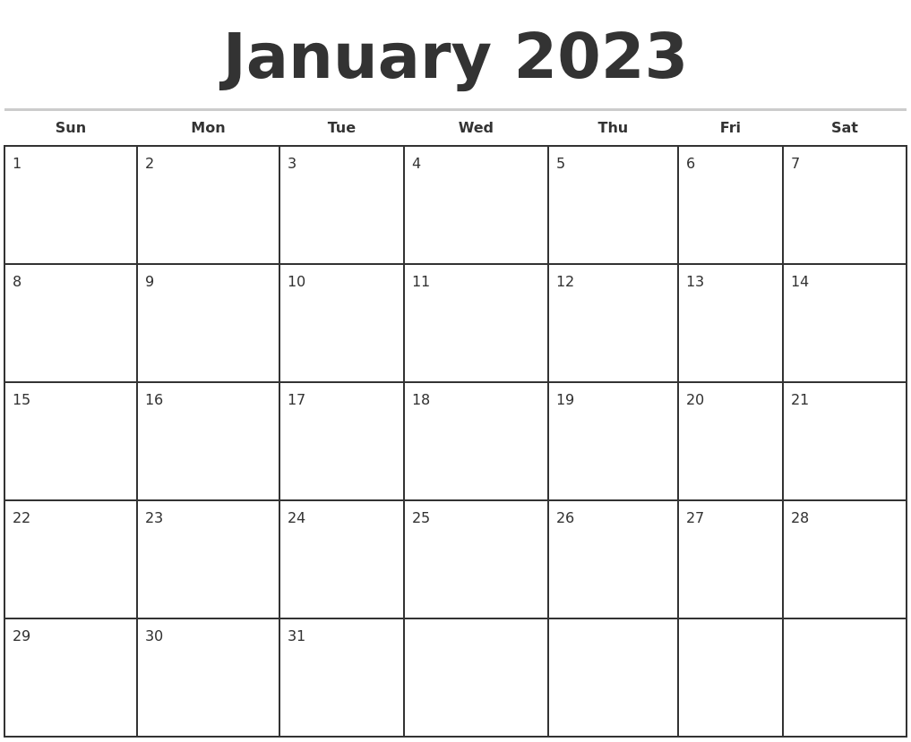 January 2023 Monthly Calendar Template