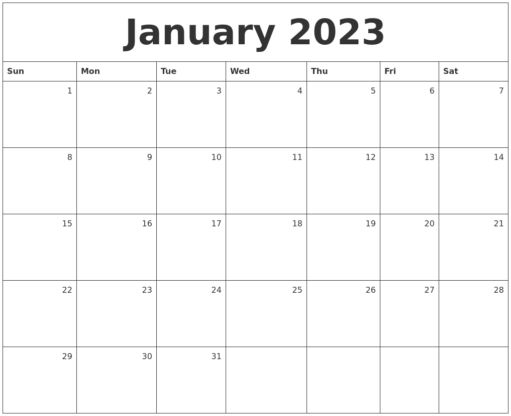 January 2023 Monthly Calendar