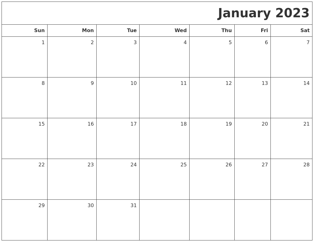 Blank January 2023 Calendar Free Printable