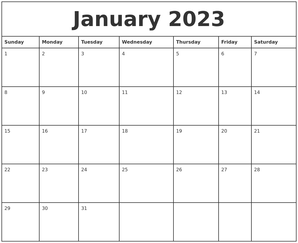 January 2023 Printable Monthly Calendar