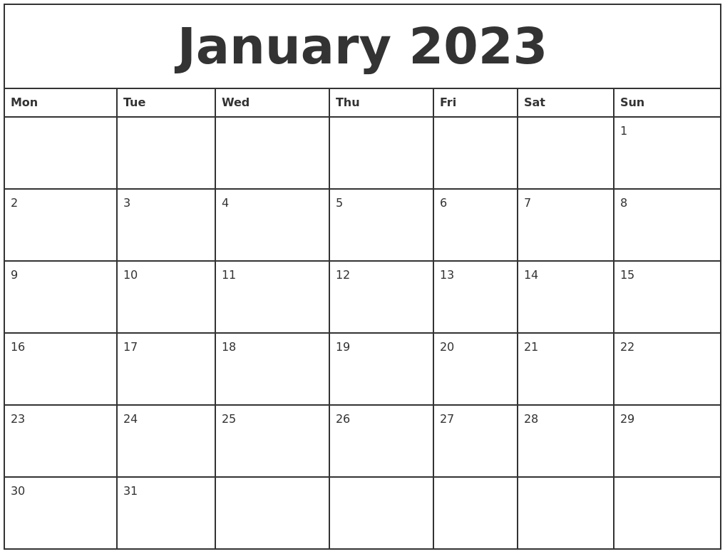 January 2023 Printable Monthly Calendar