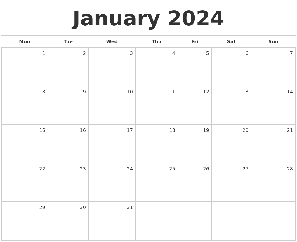 January 2024 Blank Monthly Calendar