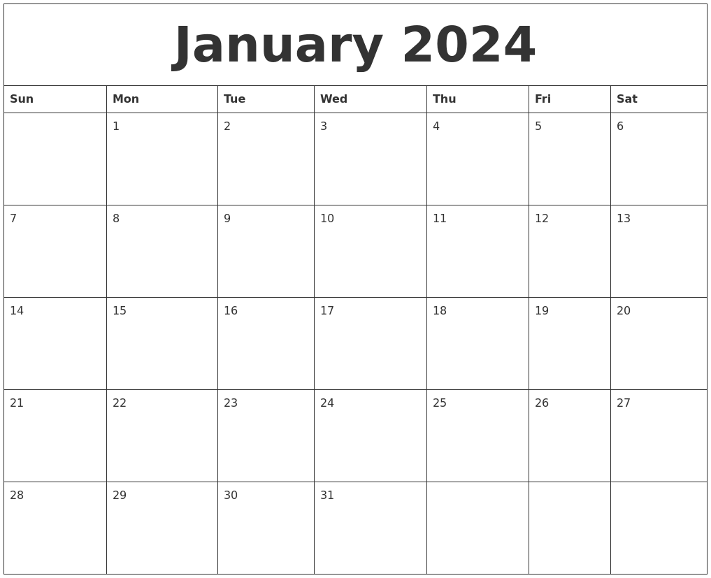 January 2024 Blank Monthly Calendar Template