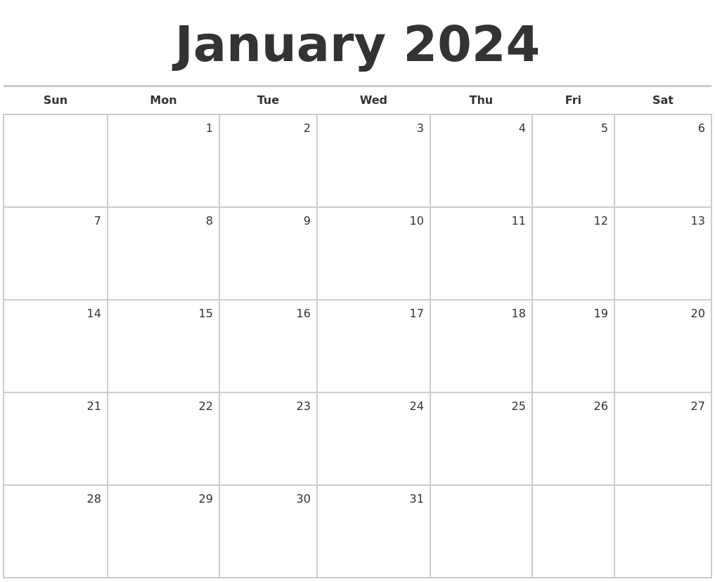 January 2024 Blank Monthly Calendar