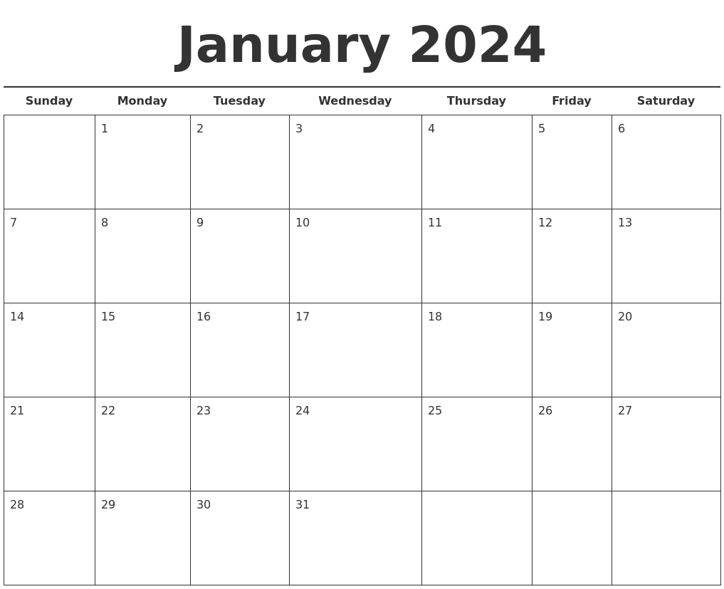 January 2024 Free Calendar Template