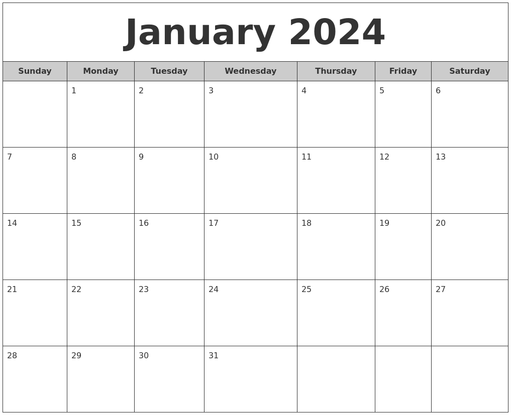 January 2024 Free Monthly Calendar